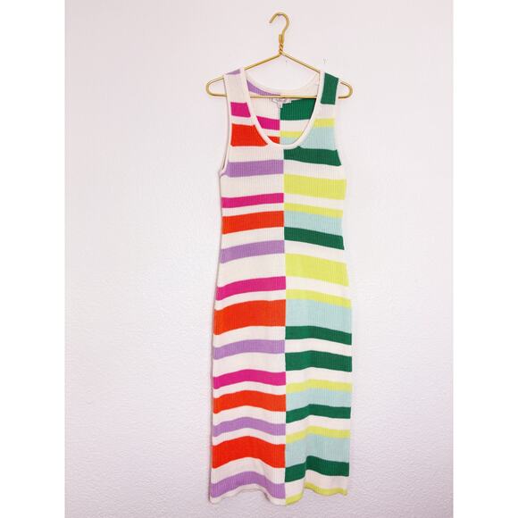 Anthropologie Flat White Striped Knit Midi Dress Size Large Multi Color Boho - Picture 3 of 13